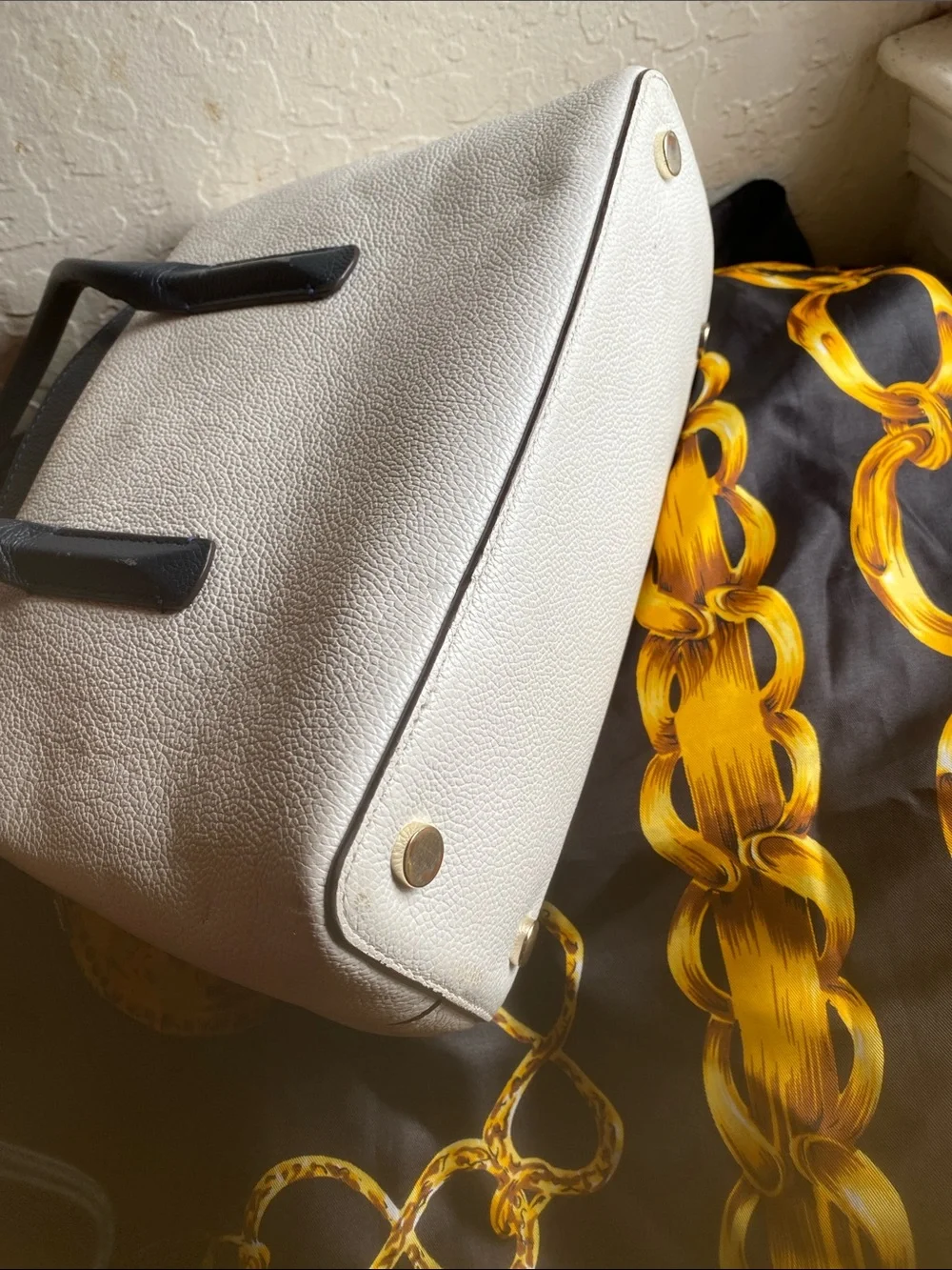 kate spade White Pebbled Satchel with Black Handles and Pink & Orange